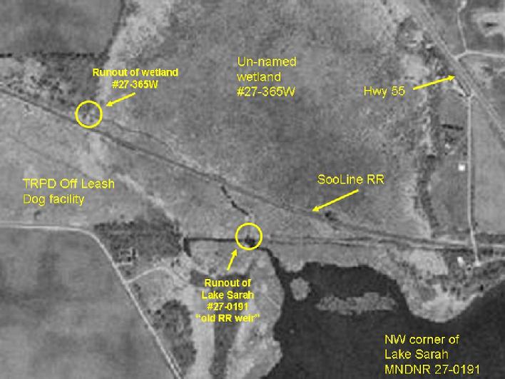 Aerial photo of outlet with markings showing runouts and points of interest. photo 2000 source MNDNR